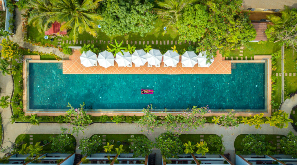 Drone photography in a Hotel pool and garden area styled for professional hotel photography and photoshoot
