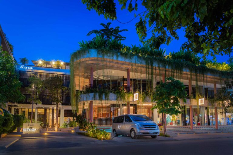 Hotel exterior photography Siem Reap Cambodia at night highlighting modern architecture and lighting design