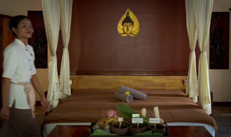 Peaceful massage treatment room at La Rivière d'Angkor boutique hotel spa in Siem Reap