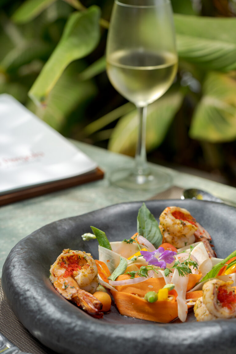White wine and seafood starter served at Pergola Restaurant, Phnom Penh