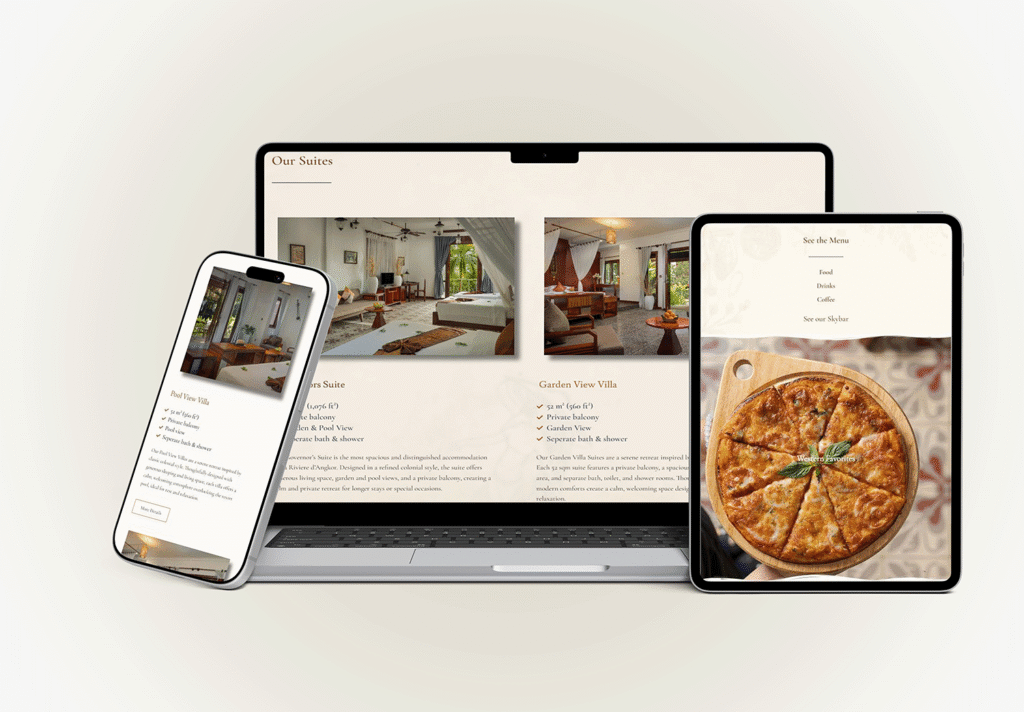 Hotel website displayed across desktop, tablet and mobile devices